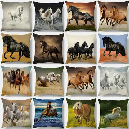 Galloping horse pillowcase vibrant linen cushion cover living room