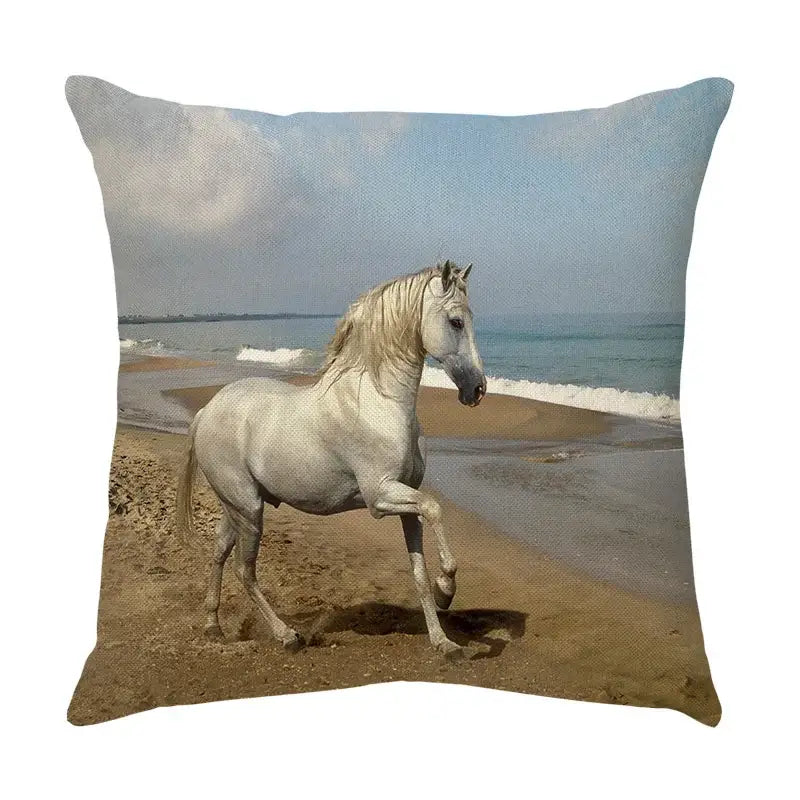 Galloping horse pillowcase vibrant linen cushion cover living room