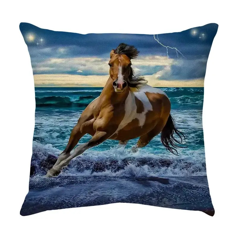 Galloping horse pillowcase vibrant linen cushion cover living room