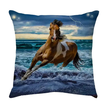 Galloping horse pillowcase vibrant linen cushion cover living room