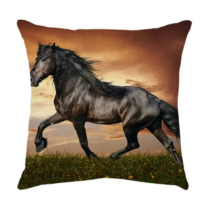 Galloping horse pillowcase vibrant linen cushion cover living room