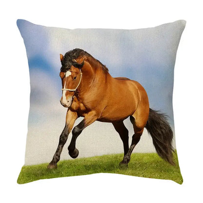 Galloping horse pillowcase vibrant linen cushion cover living room