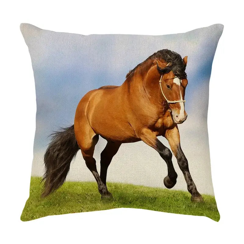 Galloping horse pillowcase vibrant linen cushion cover living room