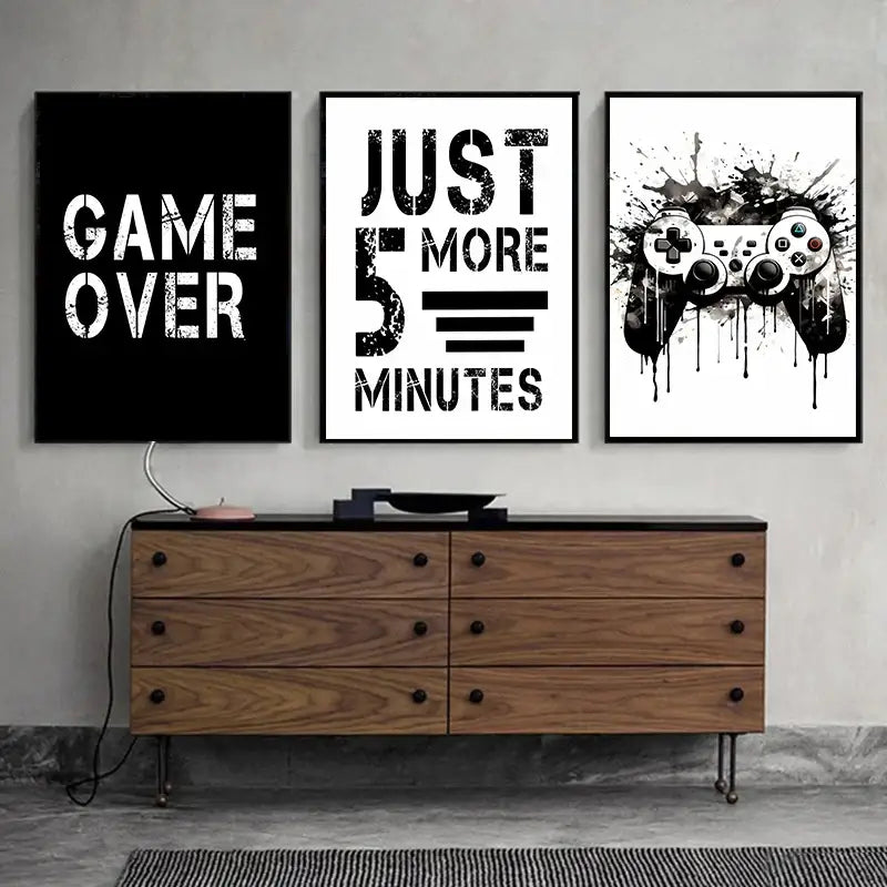 Modern black & white game controller wall art set of 6 bedroom prints