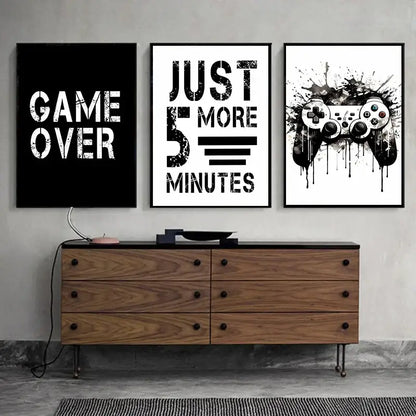 Modern black & white game controller wall art set of 6 bedroom prints