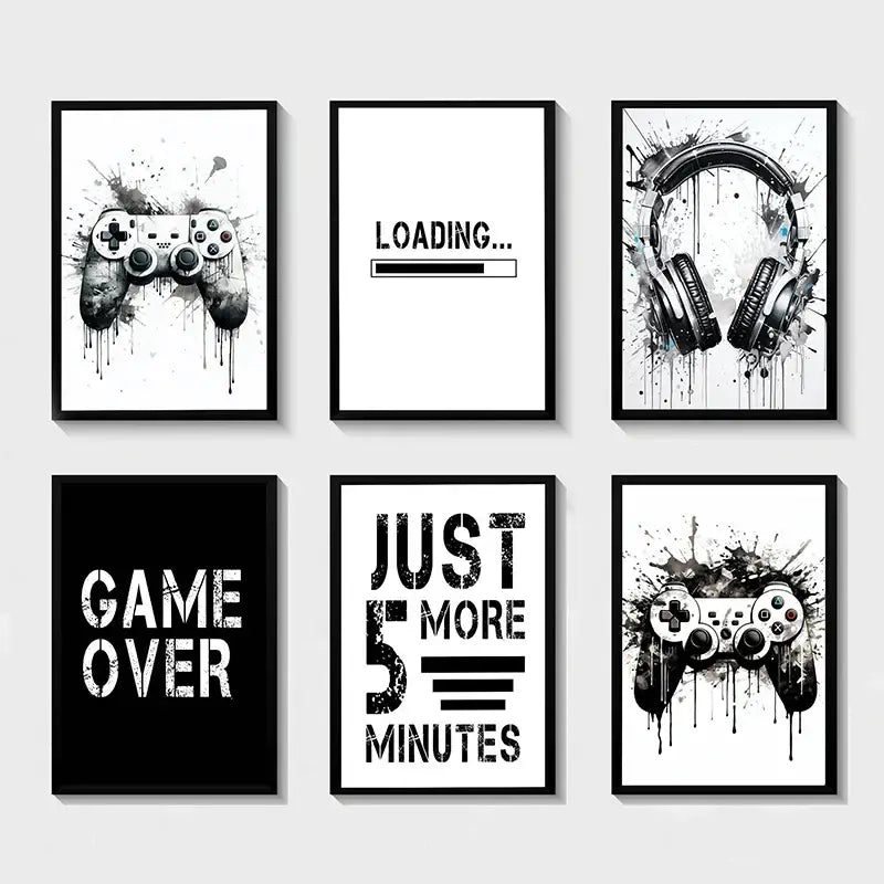 Modern black & white game controller wall art set of 6 bedroom prints