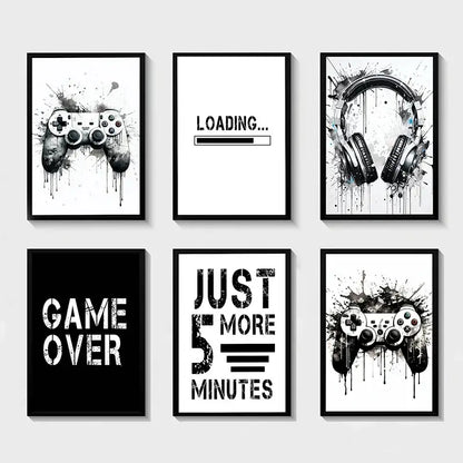 Modern black & white game controller wall art set of 6 bedroom prints