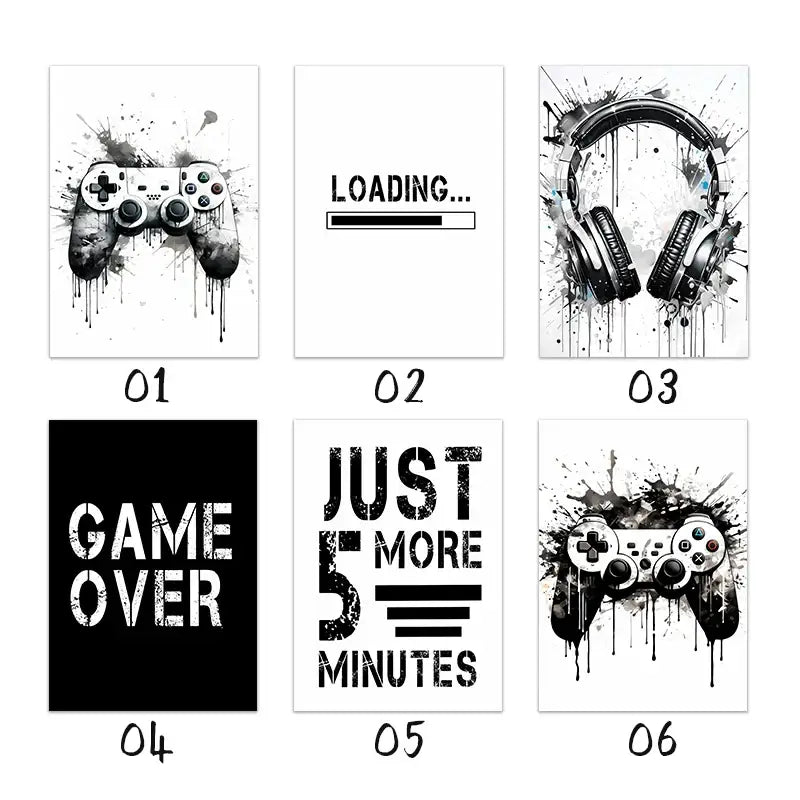 Modern black & white game controller wall art set of 6 bedroom prints
