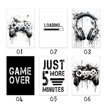 Modern black & white game controller wall art set of 6 bedroom prints