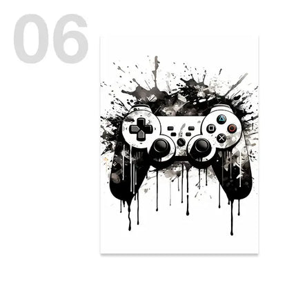 Modern black & white game controller wall art set of 6 bedroom prints