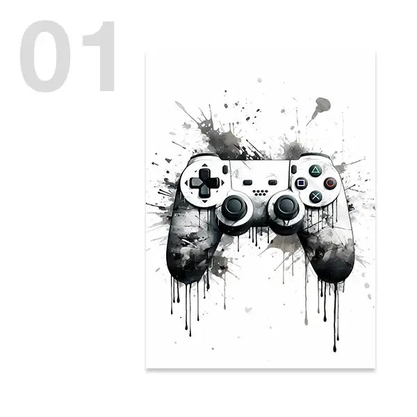 Modern black & white game controller wall art set of 6 bedroom prints