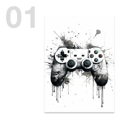 Modern black & white game controller wall art set of 6 bedroom prints