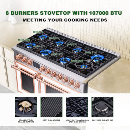 48" Freestanding Gas Range with 8 Sealed Burners Cooktop, Rapid Convection Oven, Natural Gas/LP Convertible - AK-G48N05A-BS