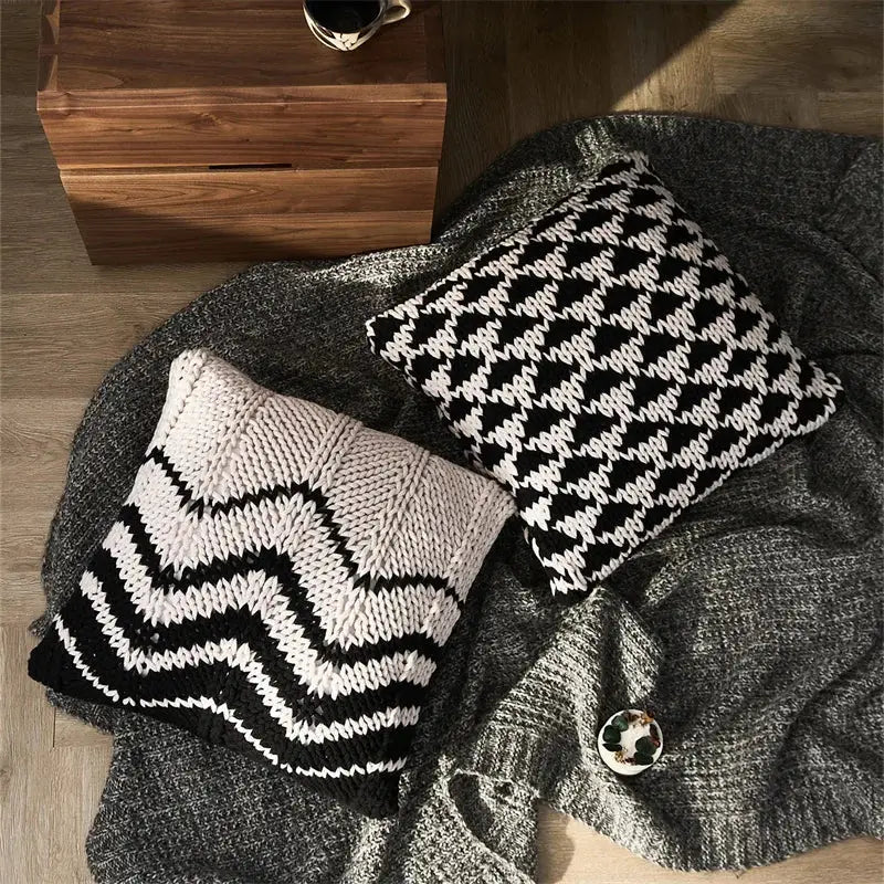 Geo knit stripe black & ivory square pillow bedroom decor