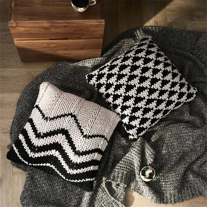 Geo knit stripe black & ivory square pillow bedroom decor