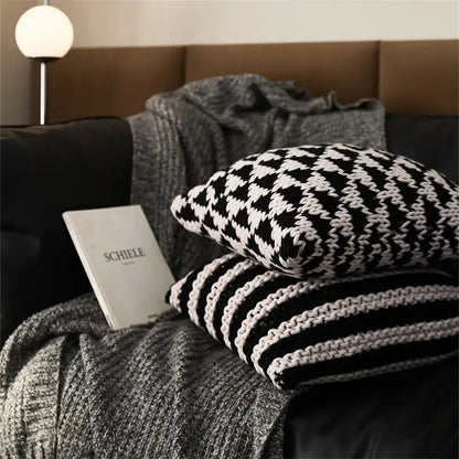 Geo knit stripe black & ivory square pillow bedroom decor