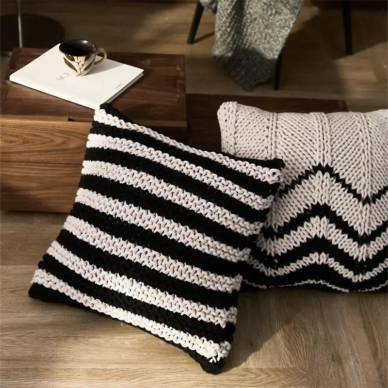 Geo knit stripe black & ivory square pillow bedroom decor