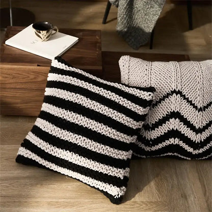 Geo knit stripe black & ivory square pillow bedroom decor