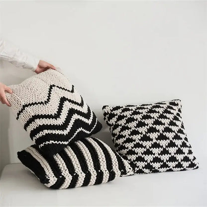 Geo knit stripe black & ivory square pillow bedroom decor