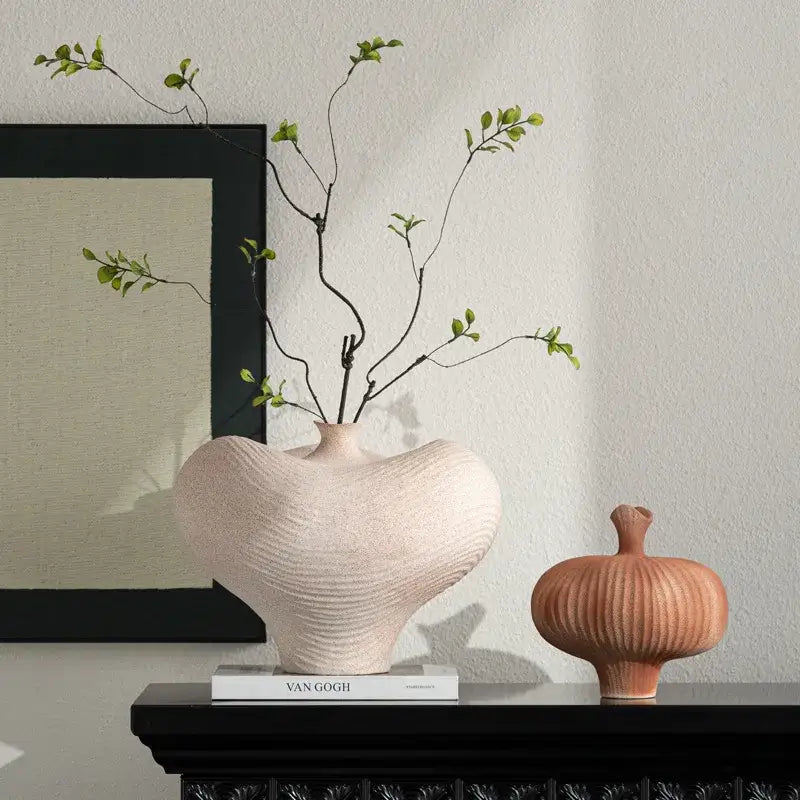 Geometric abstract blush pink ceramic vase living room ribbed decor
