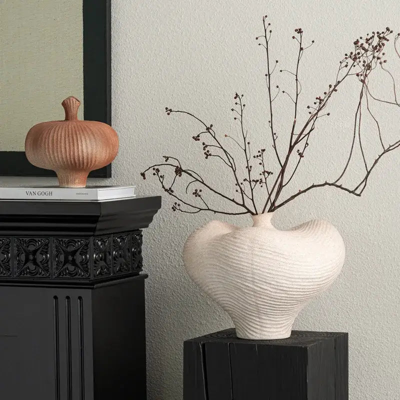 Geometric abstract blush pink ceramic vase living room ribbed decor