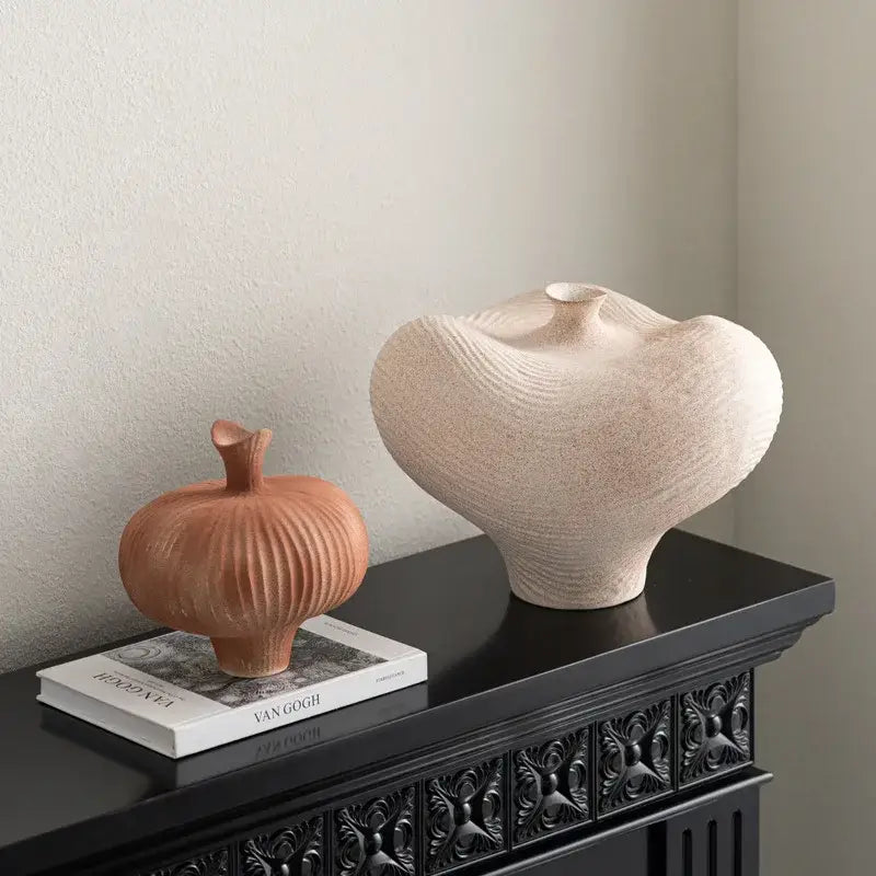 Geometric abstract blush pink ceramic vase living room ribbed decor
