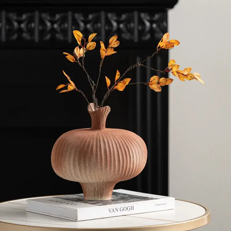 Geometric abstract blush pink ceramic vase living room ribbed decor