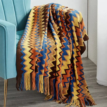 Geometric aztec baja blanket mustard & blue living room throw