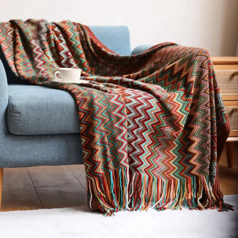 Geometric aztec baja blanket mustard & blue living room throw