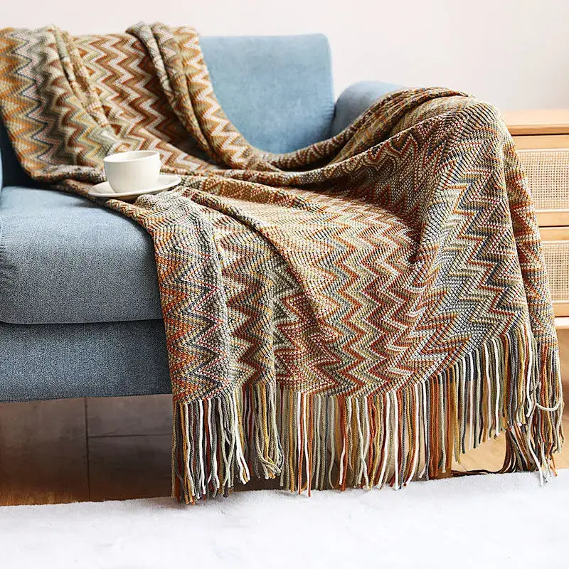 Geometric aztec baja blanket mustard & blue living room throw