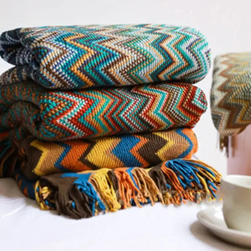 Geometric aztec baja blanket mustard & blue living room throw