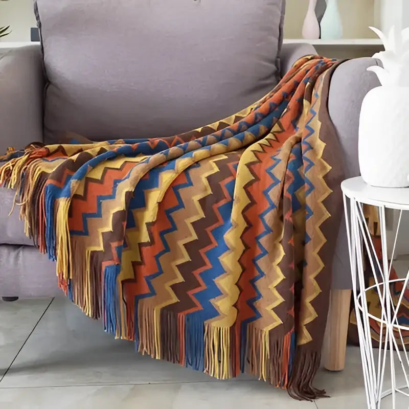 Geometric aztec baja blanket mustard & blue living room throw