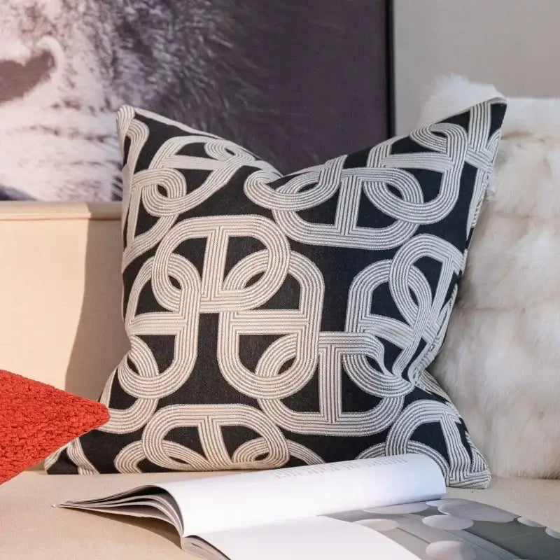 Geometric black & cream jacquard pillow cover set – living room