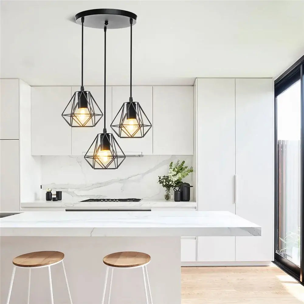 Geometric black iron 3-light chandelier pendant kitchen