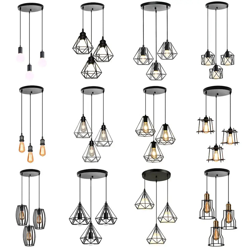 Geometric black iron 3-light chandelier pendant kitchen