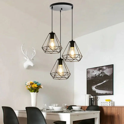 Geometric black iron 3-light chandelier pendant kitchen