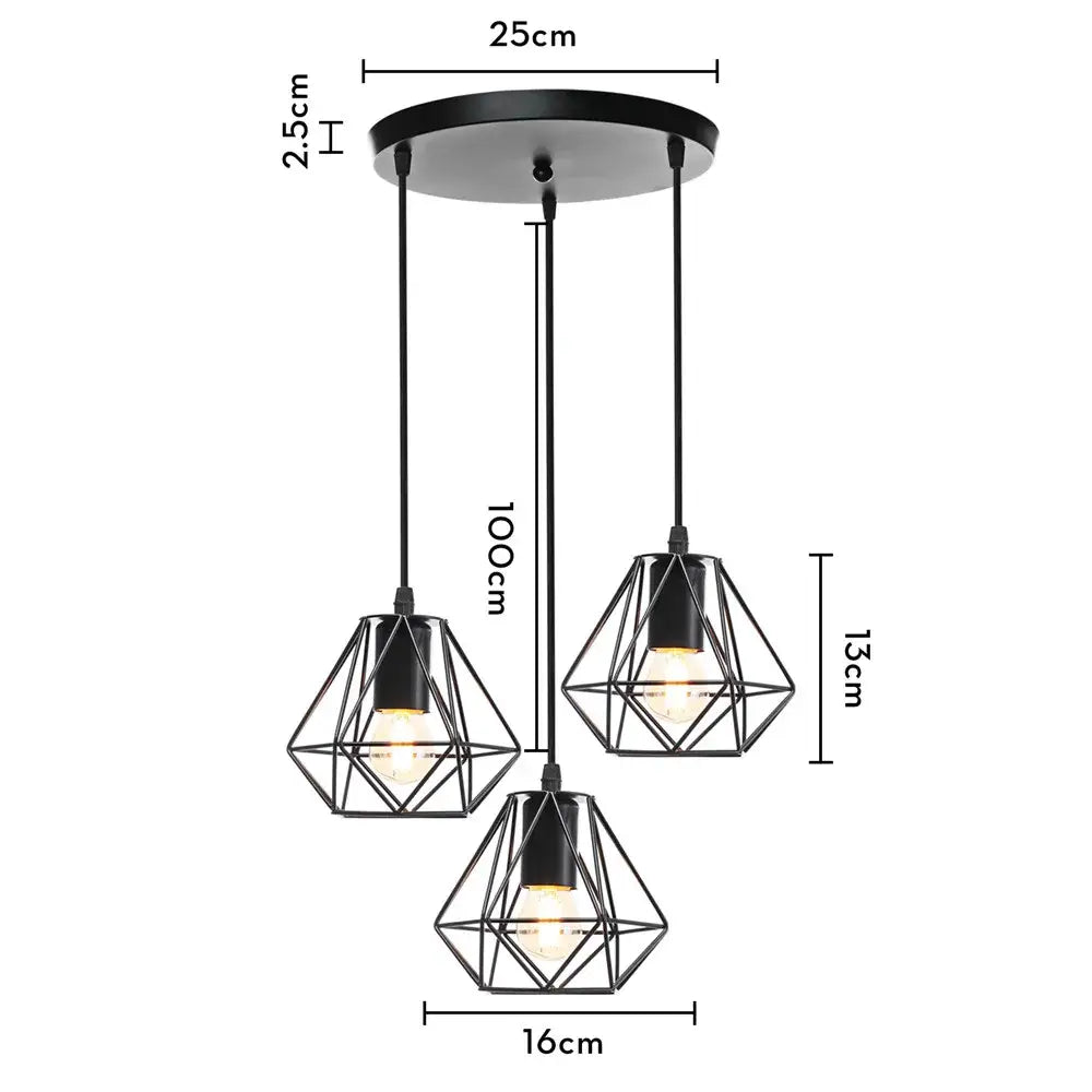 Geometric black iron 3-light chandelier pendant kitchen