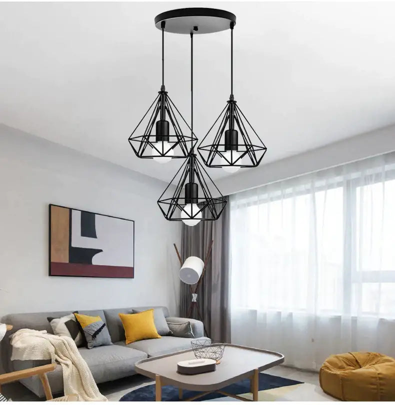 Geometric black iron 3-light chandelier pendant kitchen