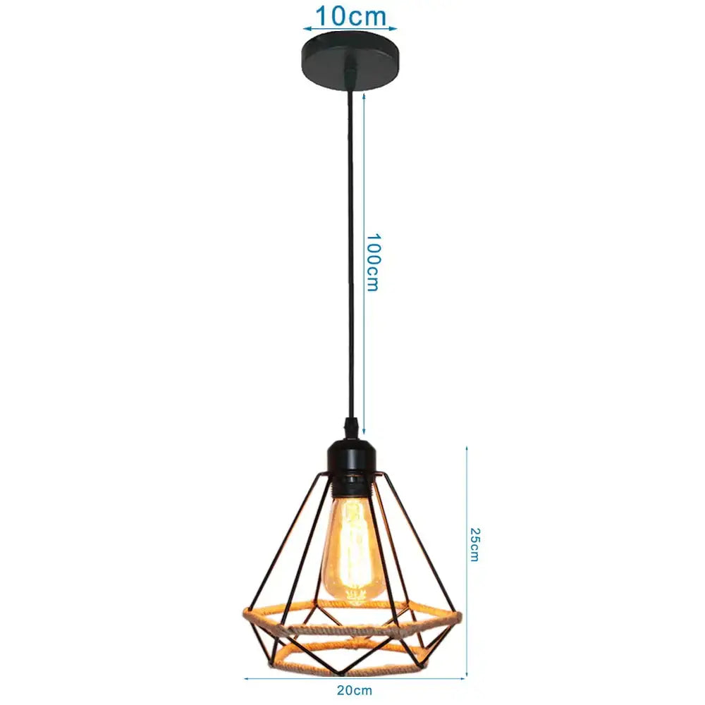 Geometric black diamond cage iron pendant light dining room rope detail