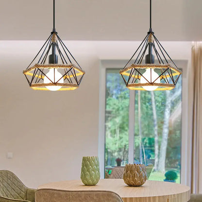 Geometric black diamond cage iron pendant light dining room rope detail