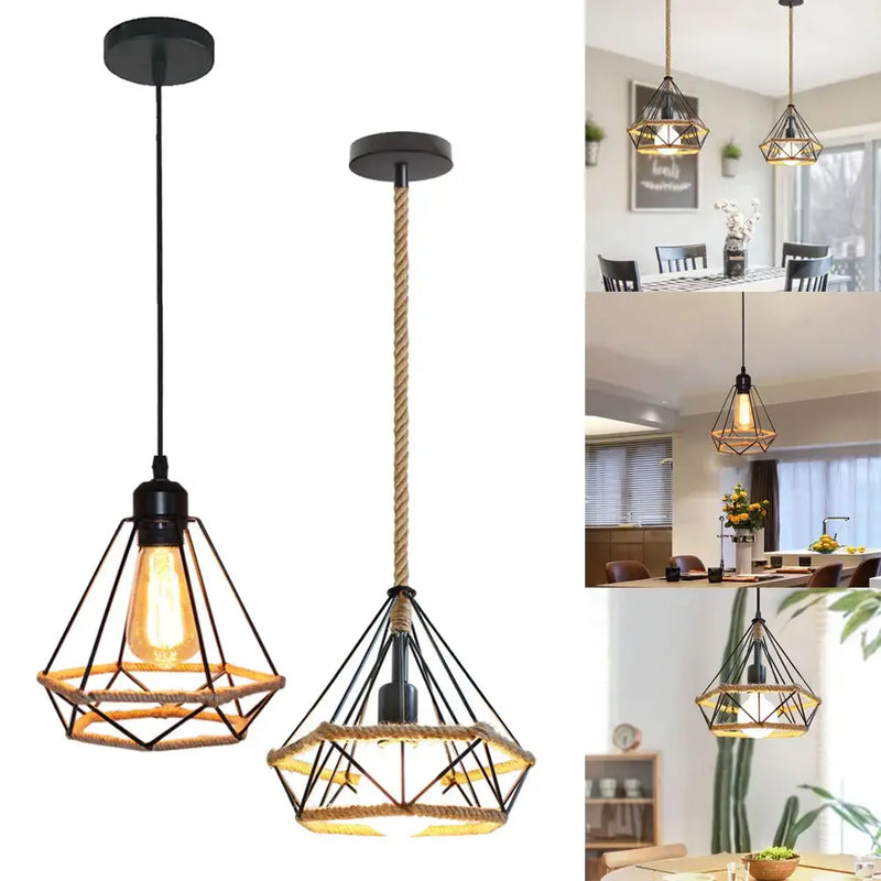 Geometric black diamond cage iron pendant light dining room rope detail