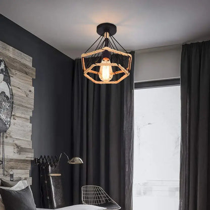 Geometric black diamond cage iron pendant light dining room rope detail
