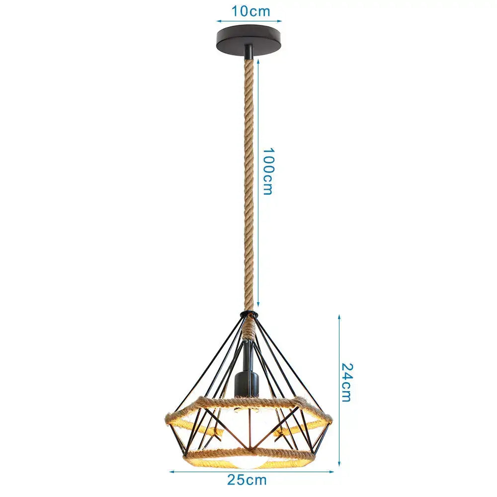 Geometric black diamond cage iron pendant light dining room rope detail