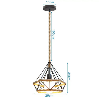 Geometric black diamond cage iron pendant light dining room rope detail