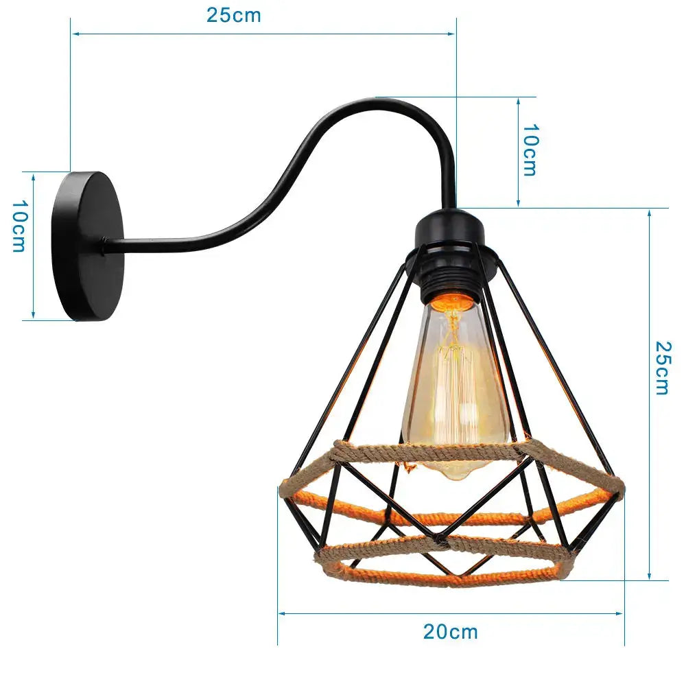 Geometric black diamond cage iron pendant light dining room rope detail