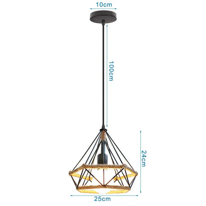 Geometric black diamond cage iron pendant light dining room rope detail