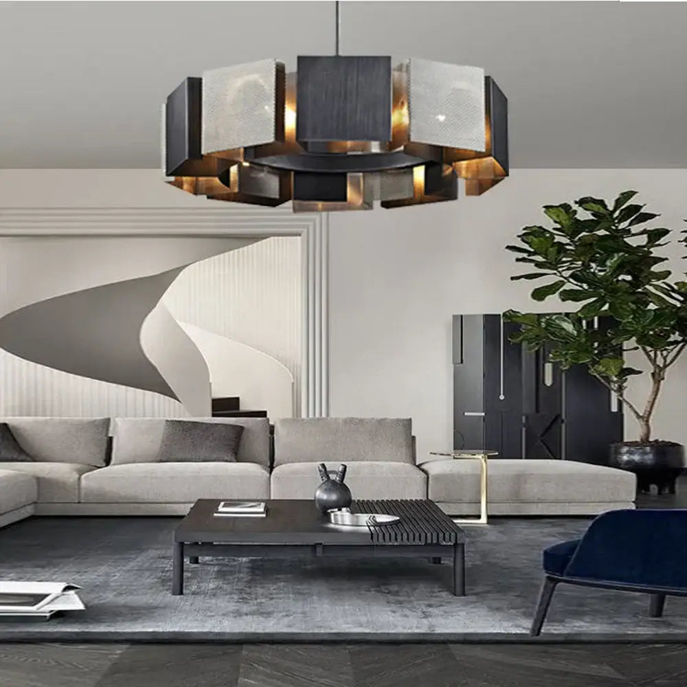 Geometric black & gold metal pendant light for dining room