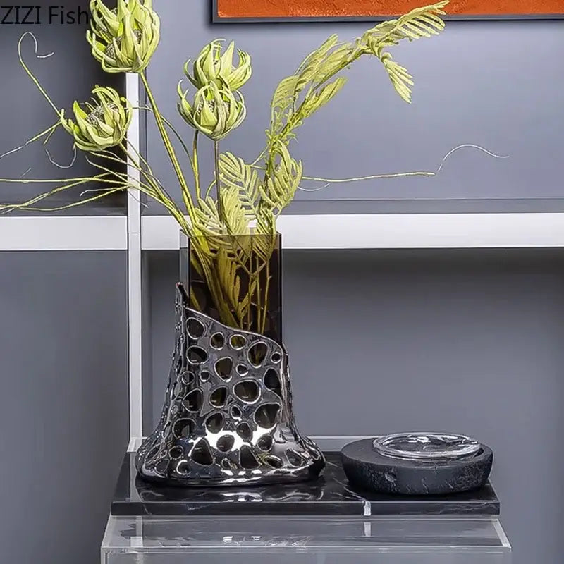 Geometric black & gold plated hollowed vase living room decor