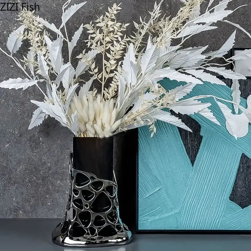Geometric black & gold plated hollowed vase living room decor