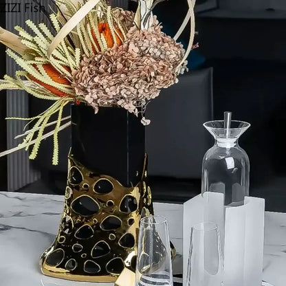 Geometric black & gold plated hollowed vase living room decor
